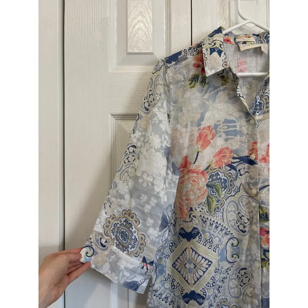 Chico’s No Iron 100% Linen Floral Paisley Button Up Top Size 0 / Small - Picture 3 of 8